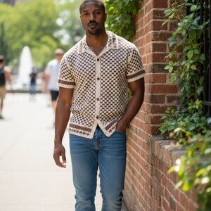 Arizona Mens Short Sleeve Button Polo Sweater in Brown Combo - Size L